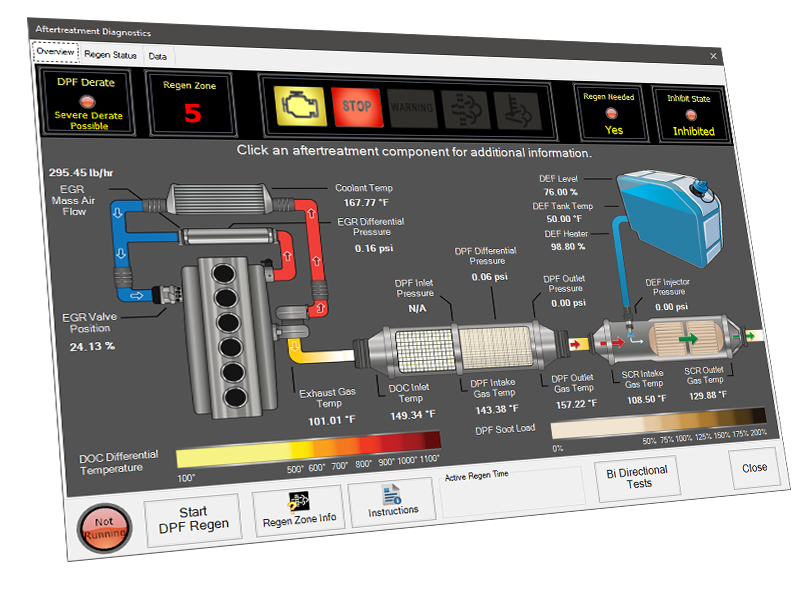 JPRO bidirectional diagnostic screens showing DPF regeneration and live engine data